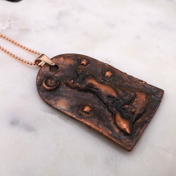 Recycled Copper Fox with Moon & Stars on Picture Frame Pendant Necklace.