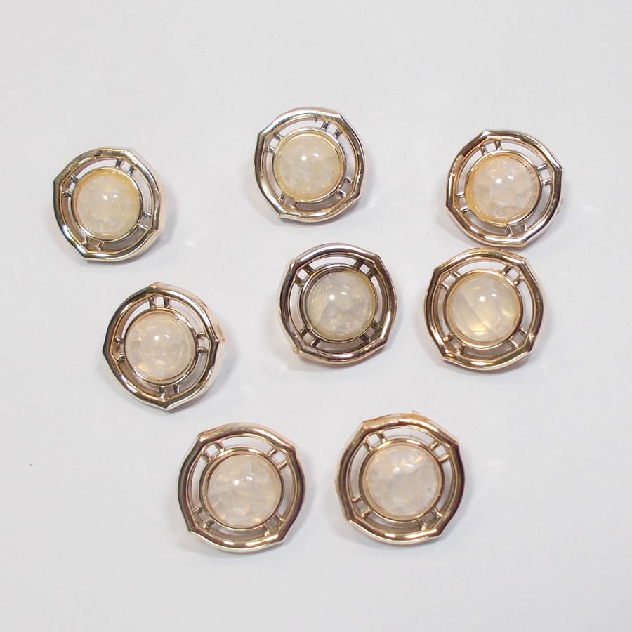 Gold faux metal and glass fancy shank buttons 18mm approximately. Pack of 8