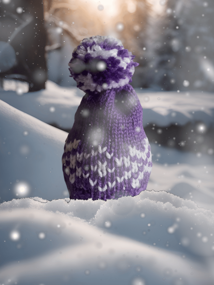 Soft & Warm Woolly Bobble Hat (amethyst & white) – one size, to fit adult