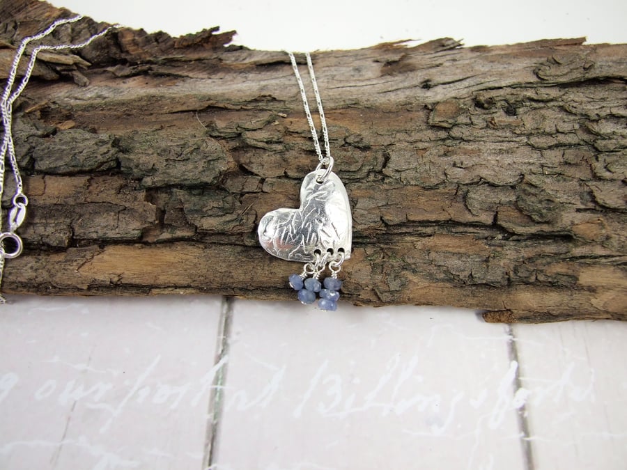 Sapphire and Heart Necklace, Fine and Sterling Silver Handcrafted Pendant