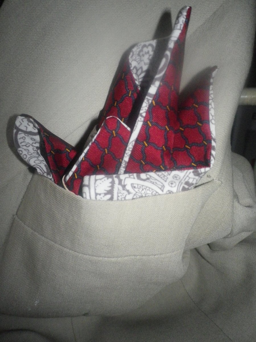 soft cream abstract design on deep red reversuble pocket square 25x25cm