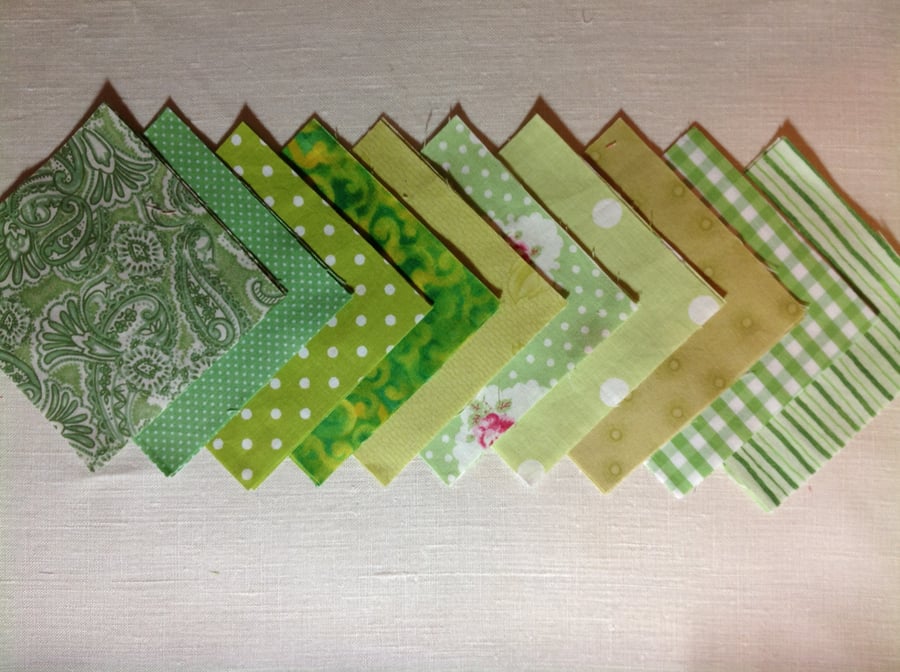 20 x 4" Green patchwork squares for charm quilts