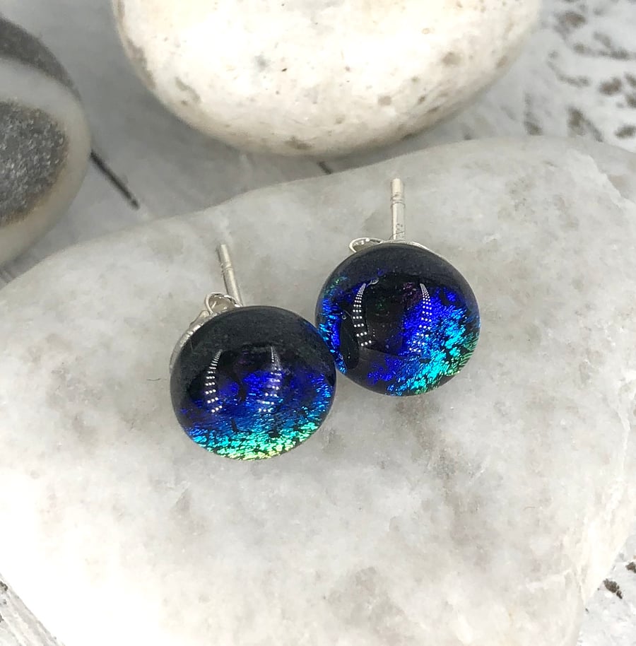 Black, Turquoise, Blue & Green Glass and Silver Stud Earrings