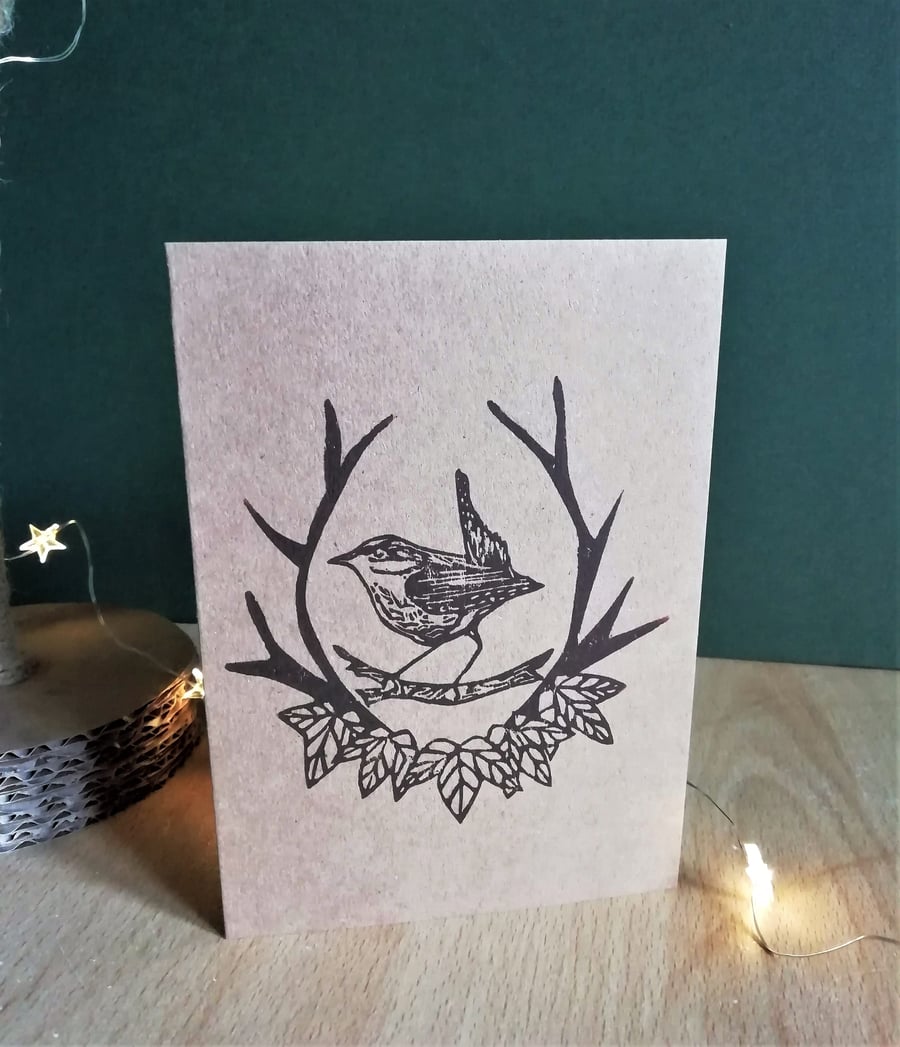 Lino Printed 'King of Birds' Wren Card