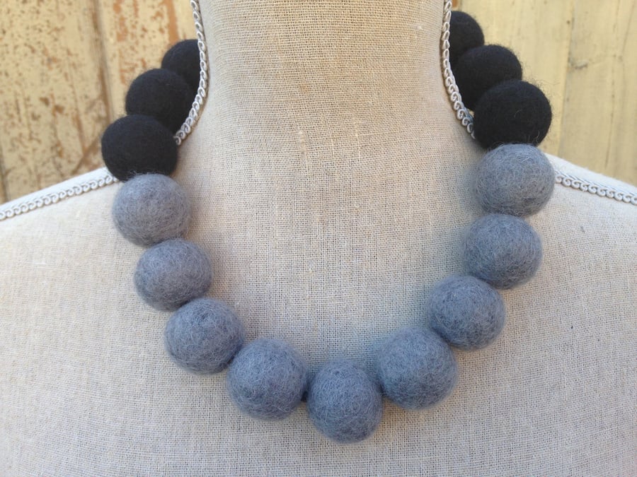 Grey and black hand felted statement necklace