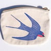 Swallow Purse, Handprinted Bird Pouch, Coin Purse, Cream Organic Cotton