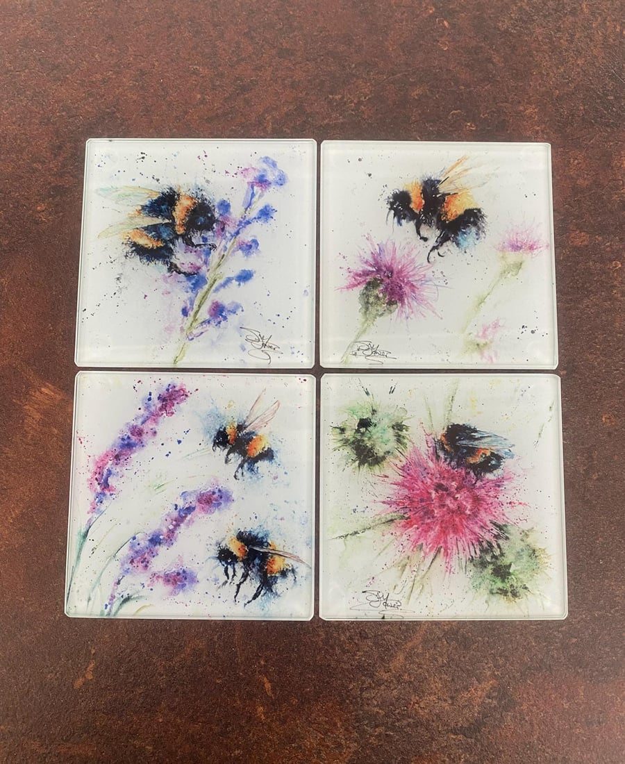 Set of 4 Glass Coasters, Colourful Bee Design Coasters, Glass Mats, Watercolour 