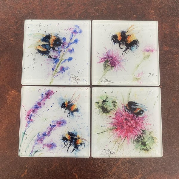 Set of 4 Glass Coasters, Colourful Bee Design Coasters, Glass Mats, Watercolour 