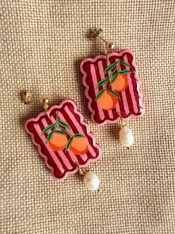 Mediterranean Orange Pearl Scallop Tile Earrings