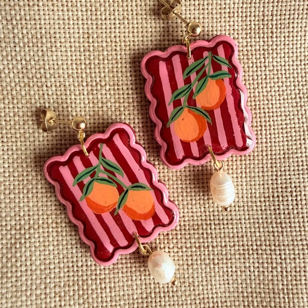 Mediterranean Orange Pearl Scallop Tile Earrings