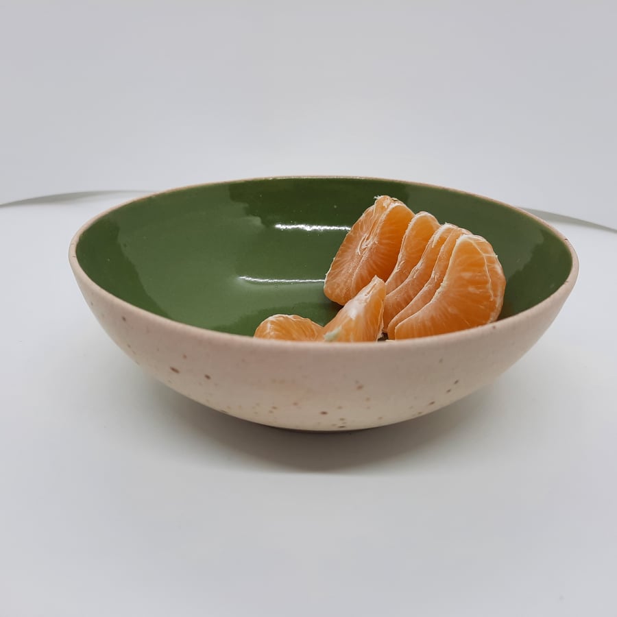 Hand thrown ceramic green and cream breakfast or small pasta bowl