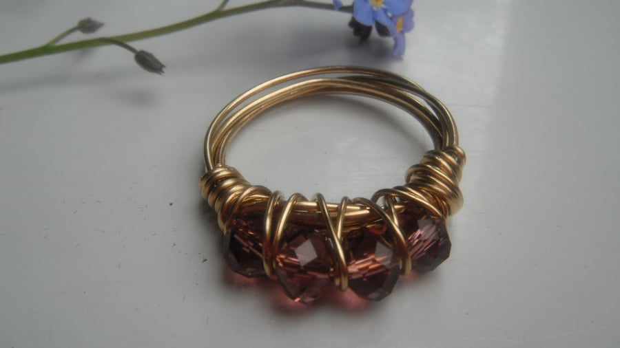 Light Amethyst Faceted Crystal Wire Wrap Ring - Gold Tone Wire