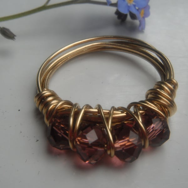 Light Amethyst Faceted Crystal Wire Wrap Ring - Gold Tone Wire