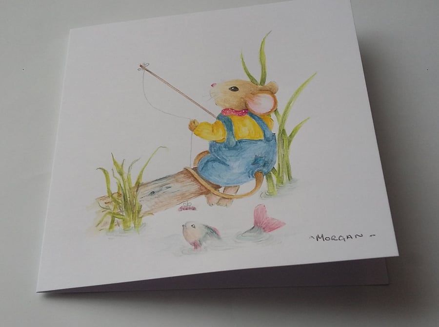 HAND PAINTED WATER COLOUR CARD OF A MOUSE FISHING