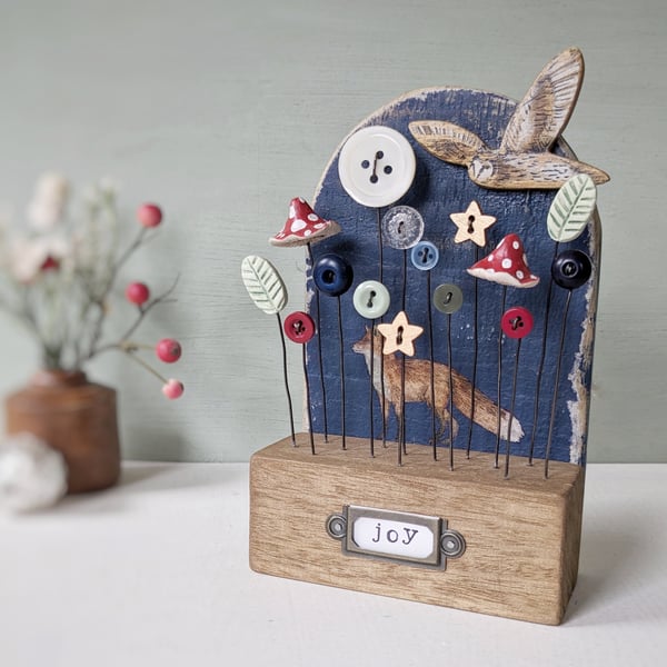 Winter Country Garden with Owl and Fox in Wood and Clay