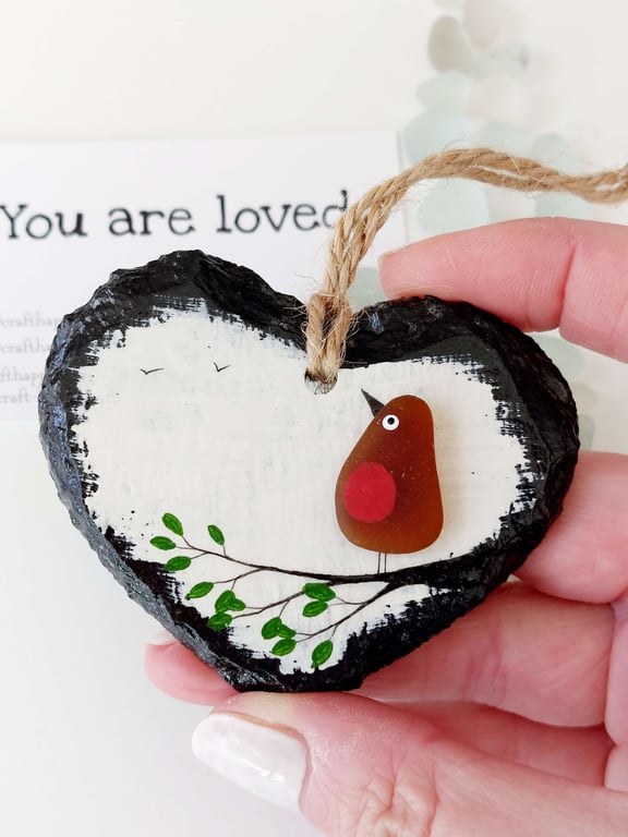 Sea Glass Robin Slate Heart, Handmade Robin Hanging Decoration, Meaningful Gift