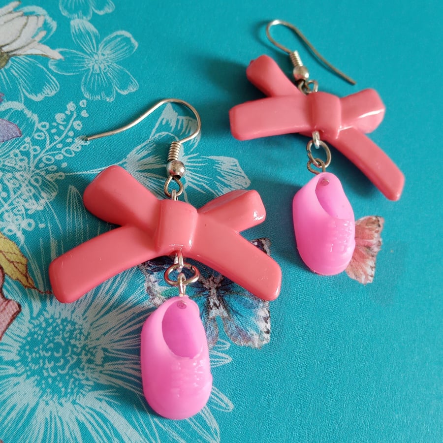 DinkyDollyShoes pink plastic miniature doll dolly shoes upcycled earrings 