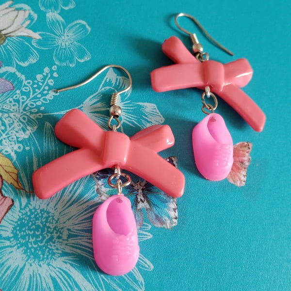DinkyDollyShoes pink plastic miniature doll dolly shoes upcycled earrings 