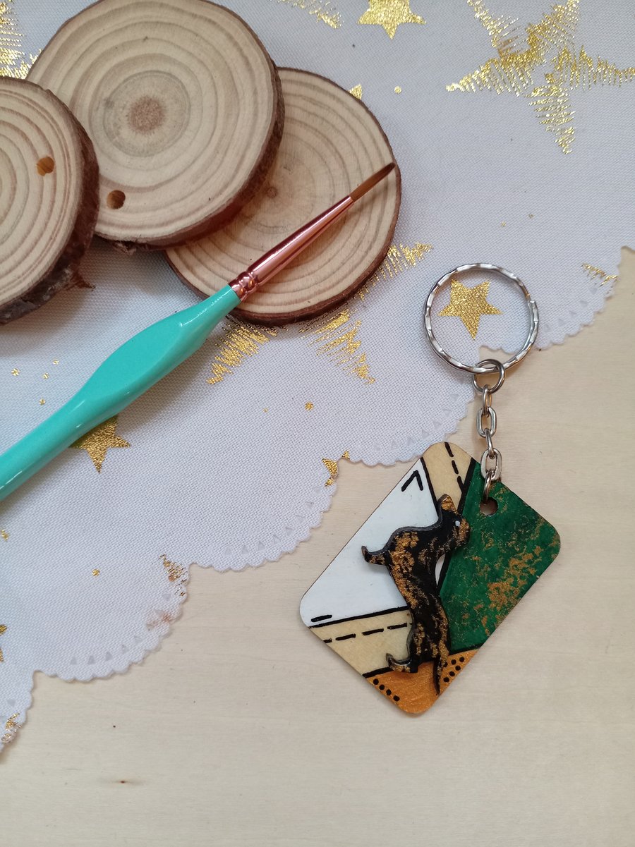 Wooden rectangular Dachshund keyring 