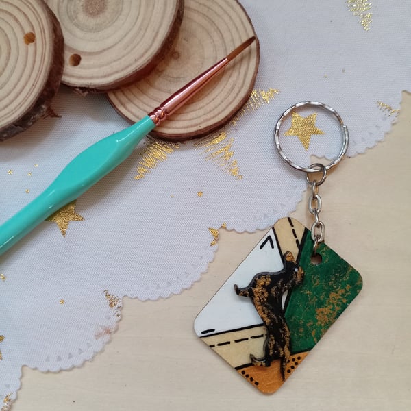 Wooden rectangular Dachshund keyring 