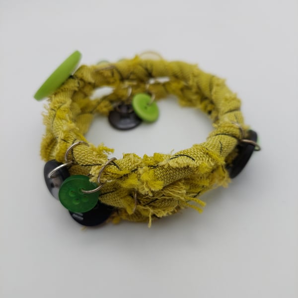 Lime Green Memory Wire Bracelet with Button Accents - Handmade Fabric Jewelry