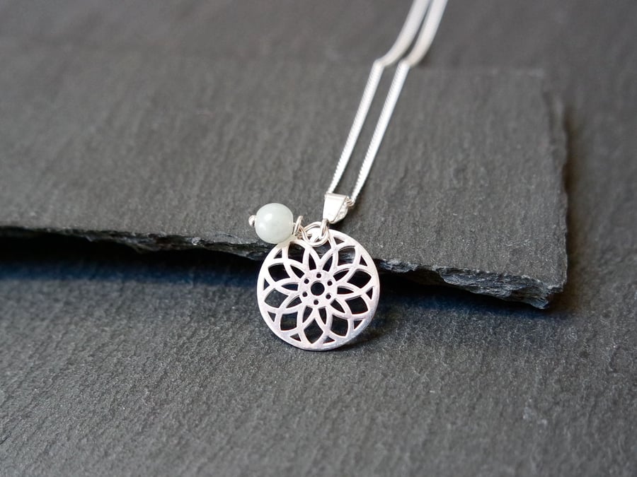 925 Sterling Silver Mandala Necklace Burma Jade