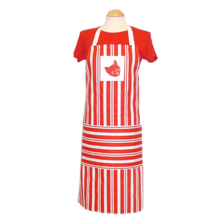 Red Cat Striped Apron with Pocket