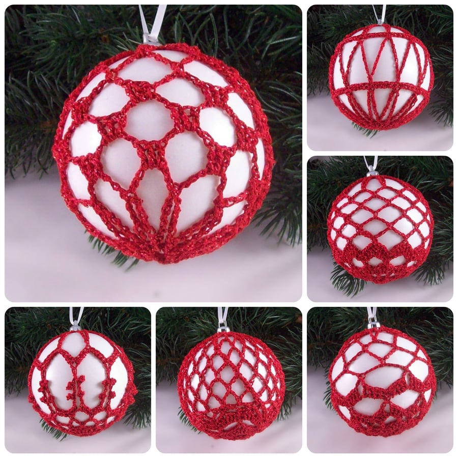Christmas baubles boxed set of 6 large decorated with crochet lace (A34)