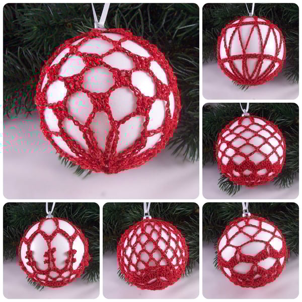 Christmas baubles boxed set of 6 large decorated with crochet lace (A34)