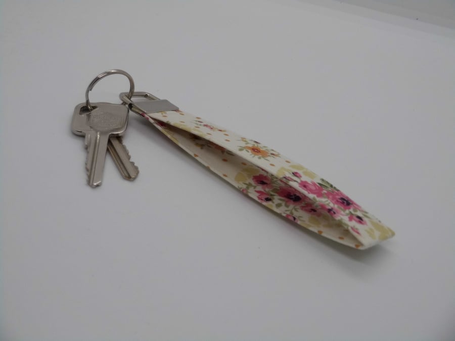 Key ring wrist strap cream floral print