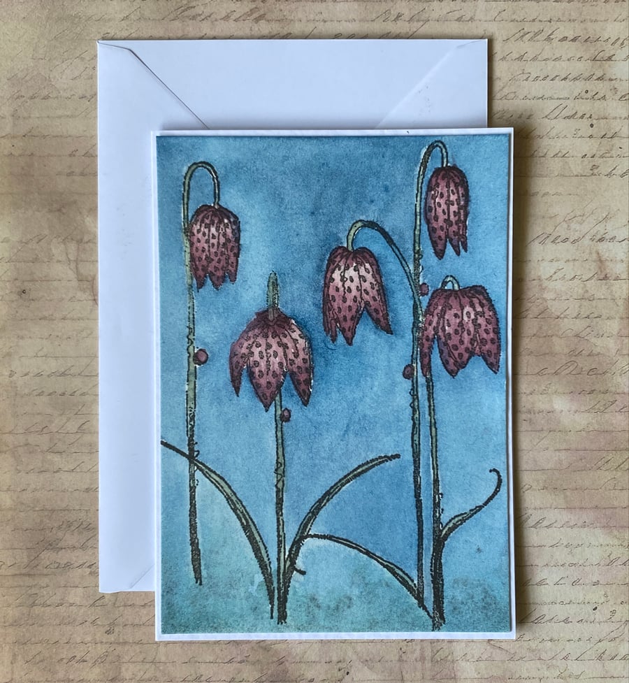 Fritillary Flower Card – A6 Hand Painted Ink and Watercolour Botanical Card