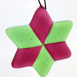 Fused Glass Red & Green Star Hanging Decoration 