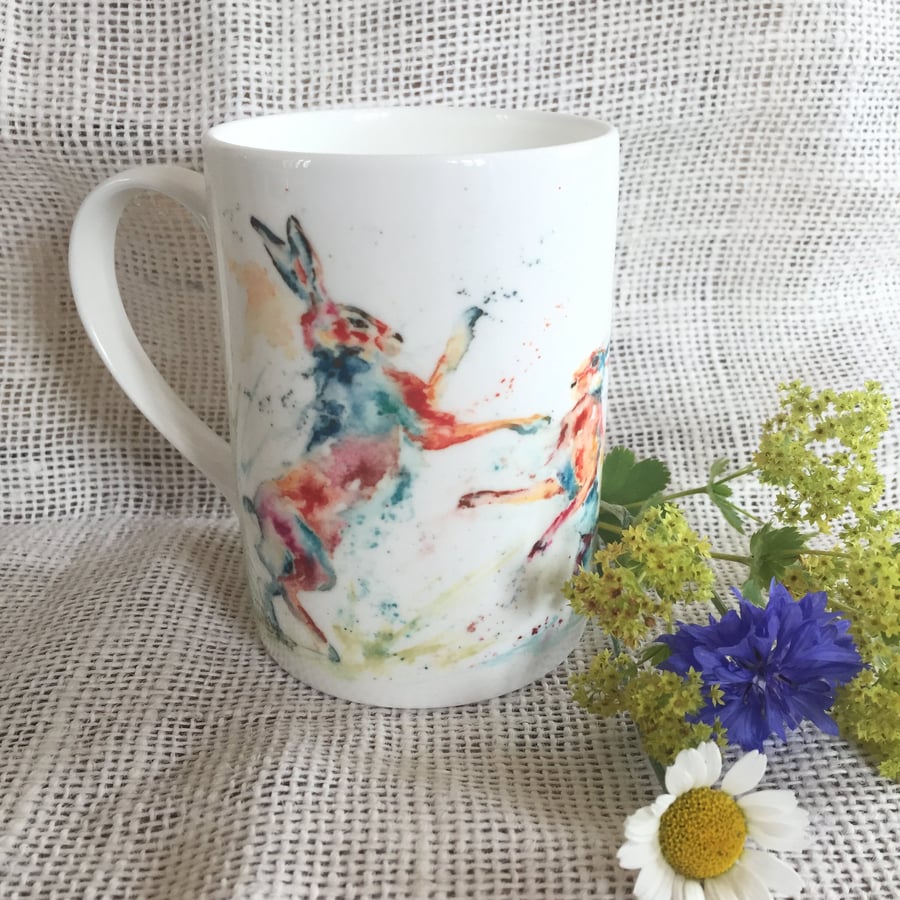 Boxing Hares Watercolour Bone China Mug, China Cup, Gift, Kitchenware, Wildlife 