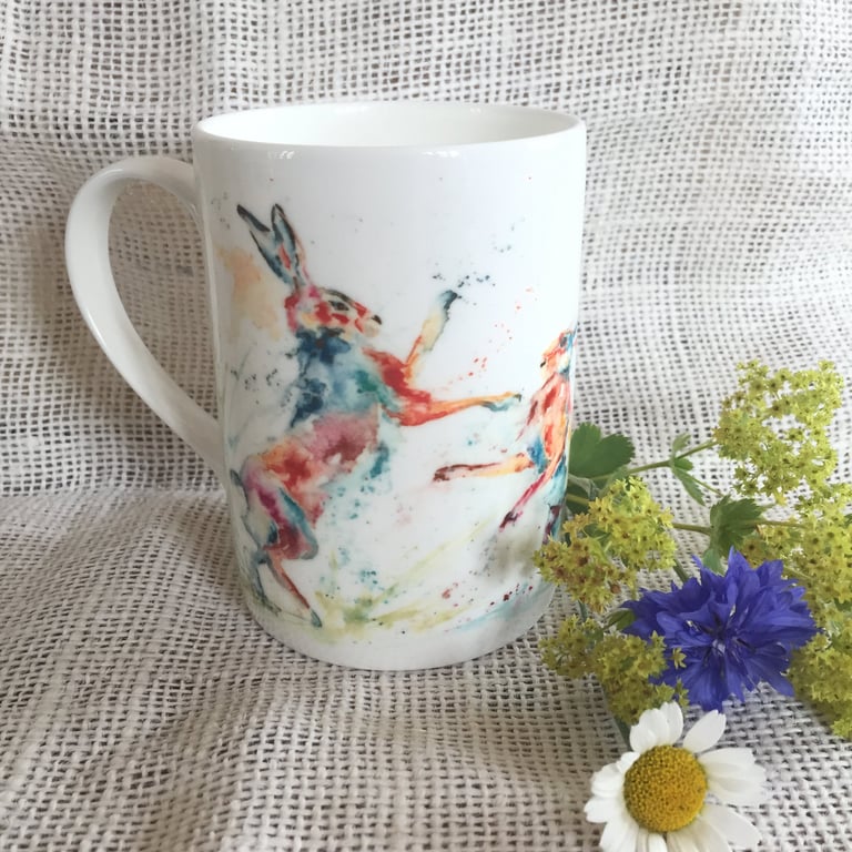 Boxing Hares Watercolour Bone China Mug, China Cup, Gift, Kitchenware, Wildlife 