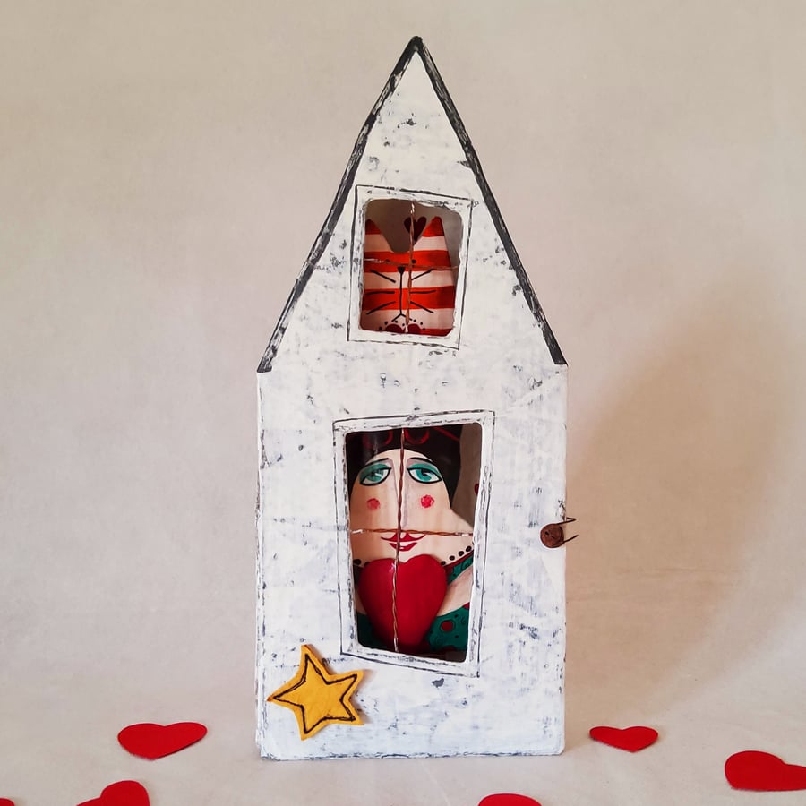 RESERVED do not purchase -Folk art papier mache Love Shack with lady and cat