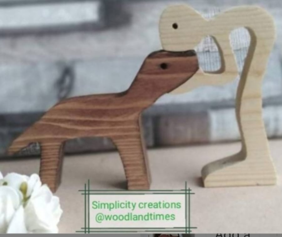 Boy and his dog gift, dog and girl, wooden sculpture, dog lover gift, dog owner