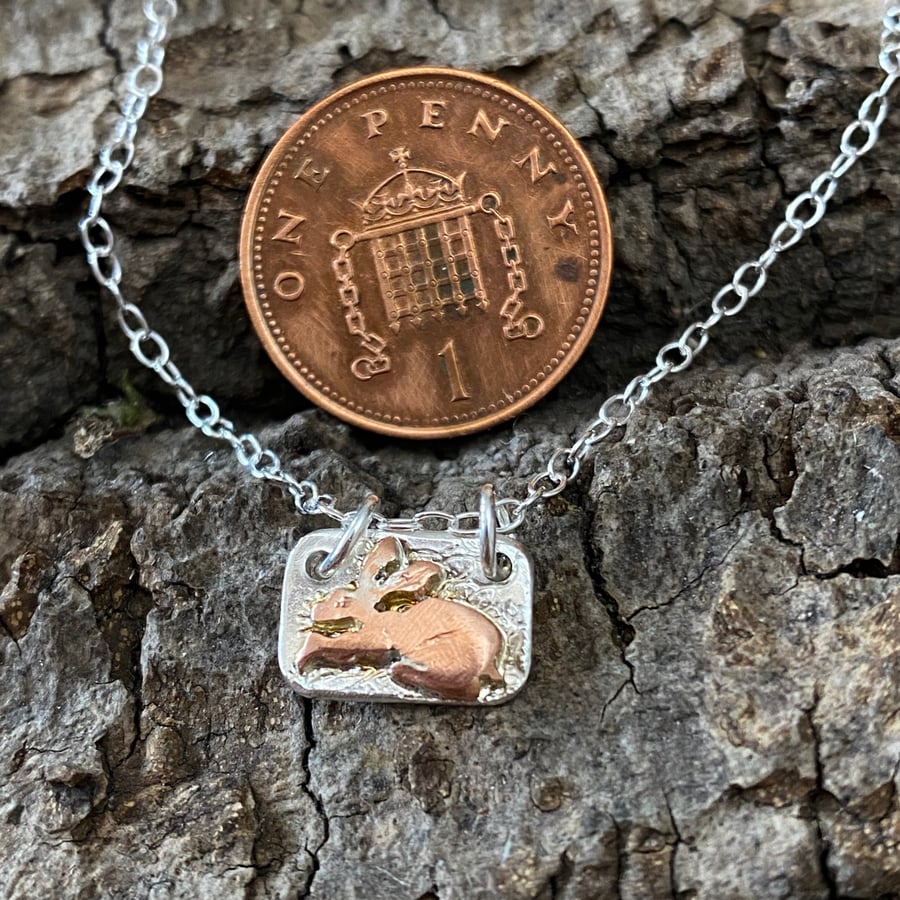 A Teeny Tiny Sleepy Rabbit Necklace Copper & Silver Pendant Necklace Gift, Hare.