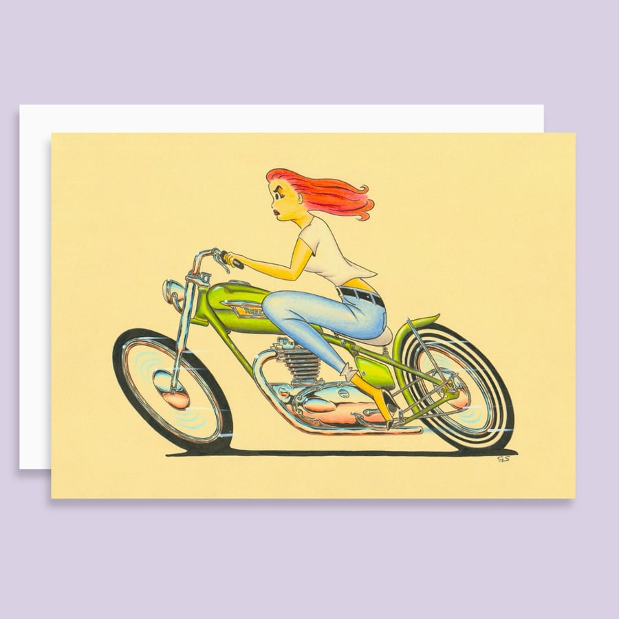 Biker Babe Greetings Card and Envelope, Blank Inside (6"x4")