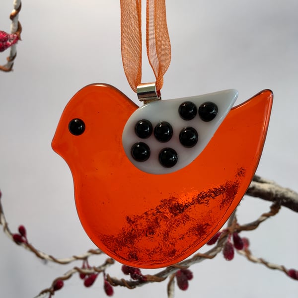 Orange Fused Glass Bird with Spotted Wing