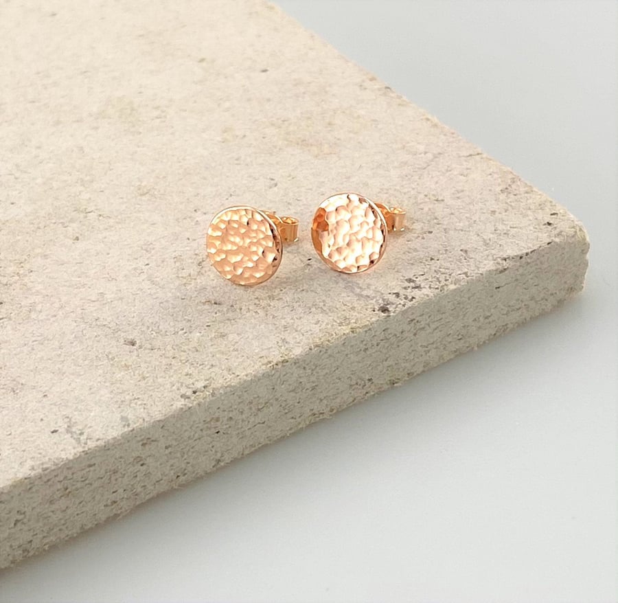 9ct Red Gold Hammered Disc Stud Earrings, Ethical Recycled Gold Circle Earrings