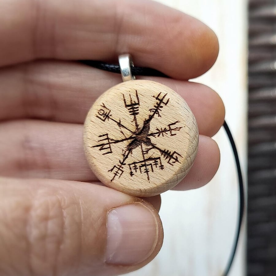 Vegvisir Raven Pendant  Wooden Amulet Compass Pagan Gift