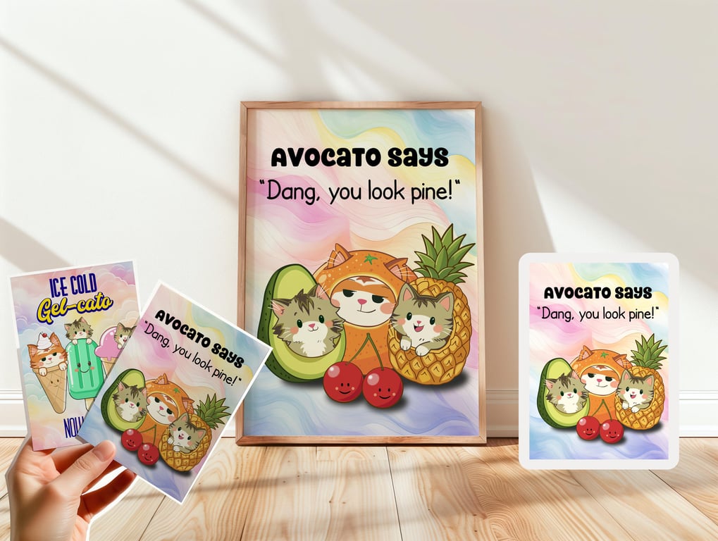 Funny Cat Avocado Pineapple Print, Kawaii Food Pun Poster, Cartoon Art Wall Dec