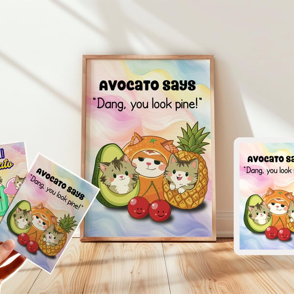 Funny Cat Avocado Pineapple Print, Kawaii Food Pun Poster, Cartoon Art Wall Dec