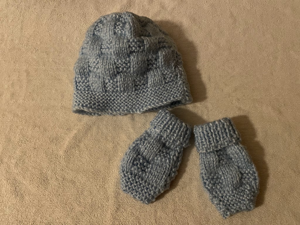 Hand knitted matching sky blue hat and mittens set for up to 3 month old baby