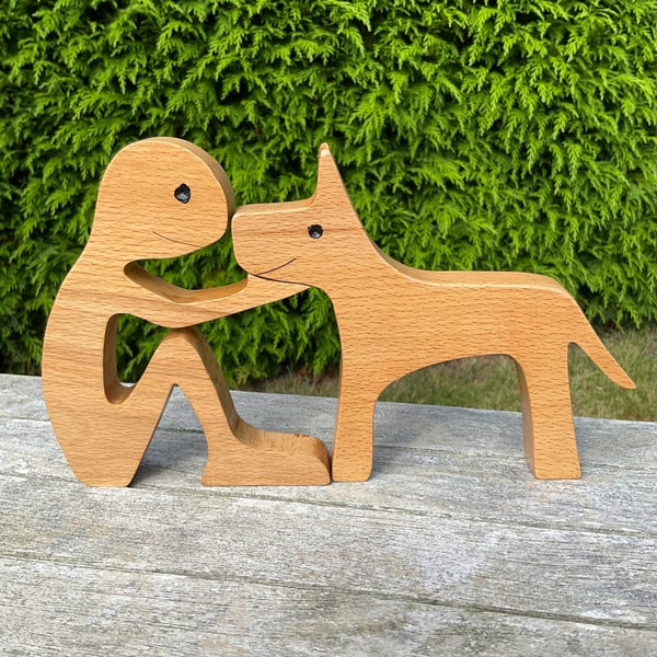 Handcrafted Wooden Man & His Favorite Dog 