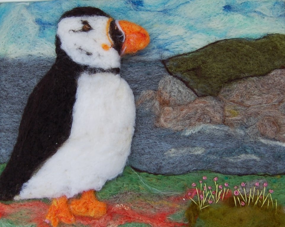  Puffin on the cliffs - Needle felt picture, textile art