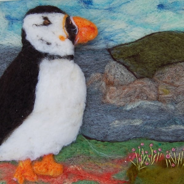  Puffin on the cliffs - Needle felt picture, textile art