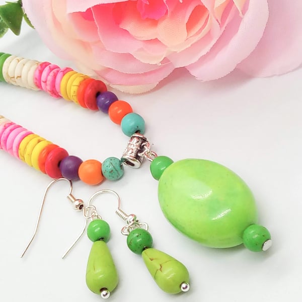 Multi Coloured Dyed Howlite Necklace and Earrings Set, Gift for Her