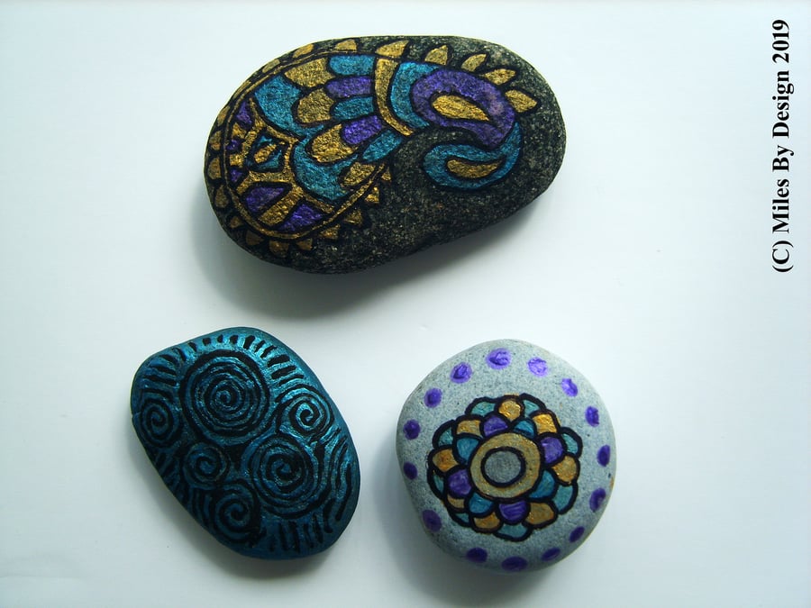 Trio of Hand-painted Mandala Inspired Stones