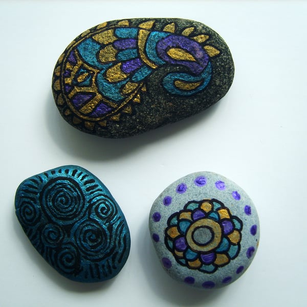 Trio of Hand-painted Mandala Inspired Stones